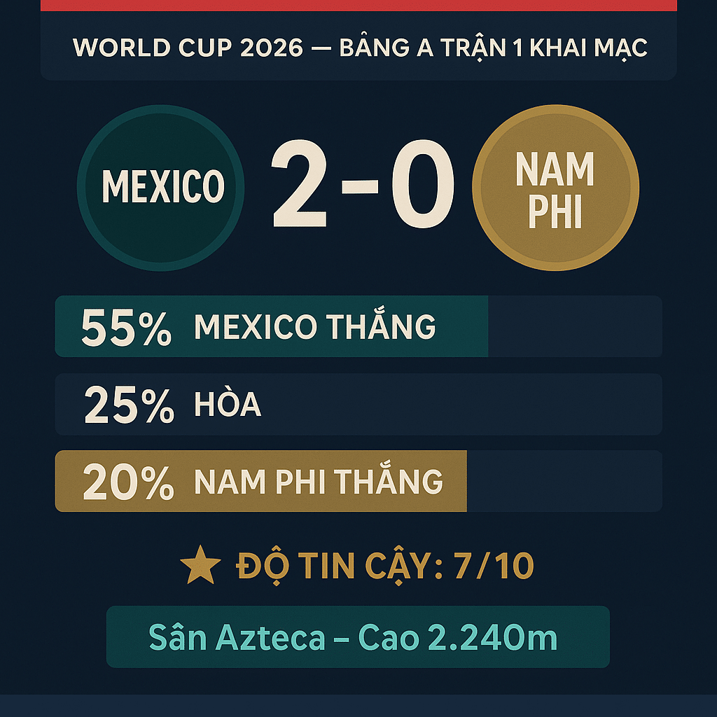 Dự đoán tỷ số Mexico 2-0 Nam Phi khai mạc World Cup 2026